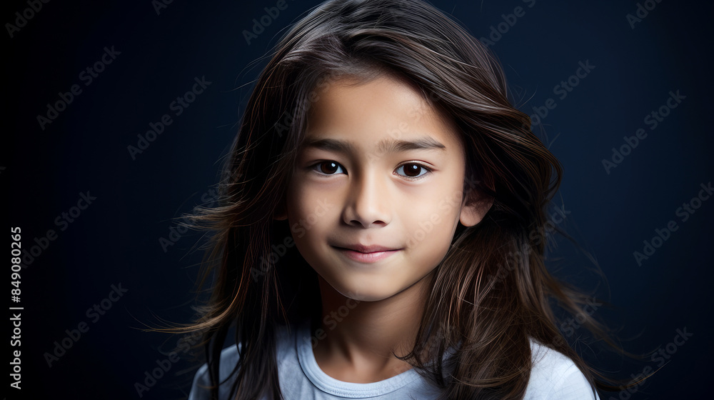 Portrait of a cute handsome happy Asian boy child with long hair and perfect skin, dark blue background, banner. Portrait of a cute handsome happy Asian boy child with long hair and perfect skin, dark blue background, banner.