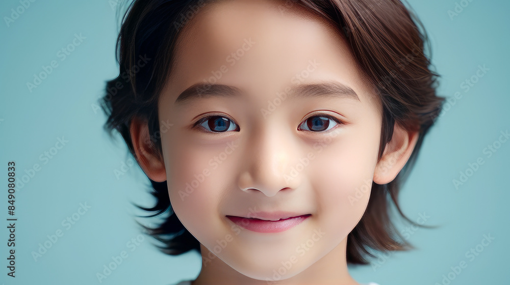 Portrait of a cute handsome happy Asian boy child with long hair and perfect skin, light blue background, banner.