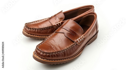Men s brown leather loafers on a white background © AkuAku
