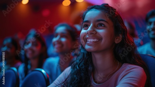 Indians sitting and watching movies in the cinema with smiling faces.