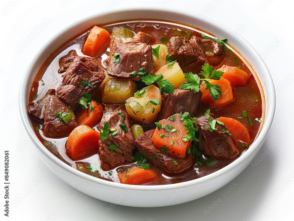 A bowl of hearty beef stew with vegetables, isolated on a white background, studio lighting highlighting the rich broth and tender meat A bowl of hearty beef stew with vegetables, isolated on a white background, studio lighting highlighting the rich broth and tender meat