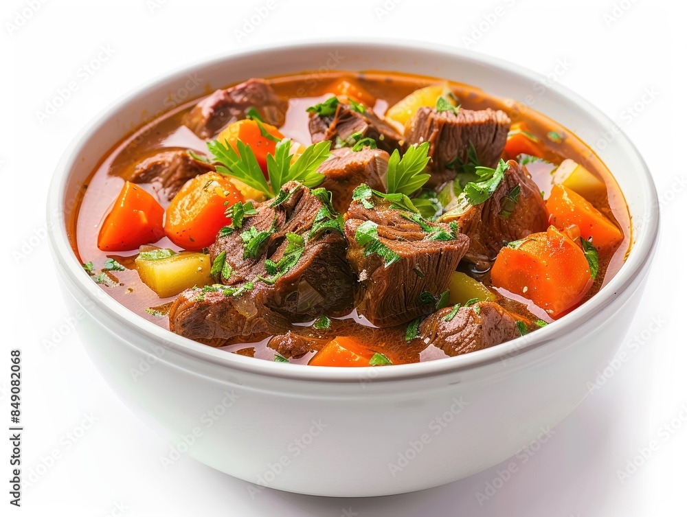 A bowl of hearty beef stew with vegetables, isolated on a white background, studio lighting highlighting the rich broth and tender meat A bowl of hearty beef stew with vegetables, isolated on a white background, studio lighting highlighting the rich broth and tender meat
