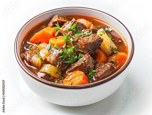 A bowl of hearty beef stew with vegetables, isolated on a white background, studio lighting highlighting the rich broth and tender meat
