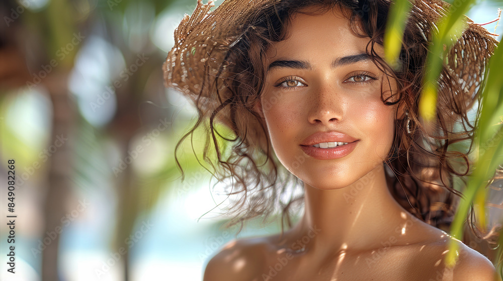 Beautiful woman using coconut oil care, skin, tropical atmosphere coconuts, tropical background Beautiful woman using coconut oil care, skin, tropical atmosphere coconuts, tropical background