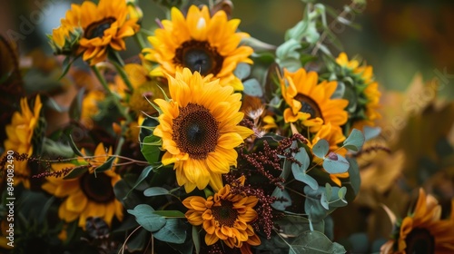 A bouquet of yellow flowers with green leaves