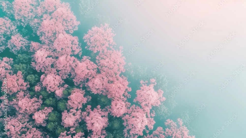 Naklejka premium Aerial view of blossoming pink cherry blossoms and verdant tree canopy in misty atmosphere