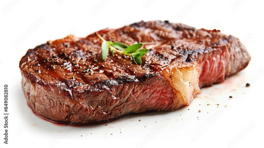 A juicy steak cooked to perfection, isolated on a white background, studio lighting to highlight the sear and juicy interior, ideal for steakhouse promotions A juicy steak cooked to perfection, isolated on a white background, studio lighting to highlight the sear and juicy interior, ideal for steakhouse promotions