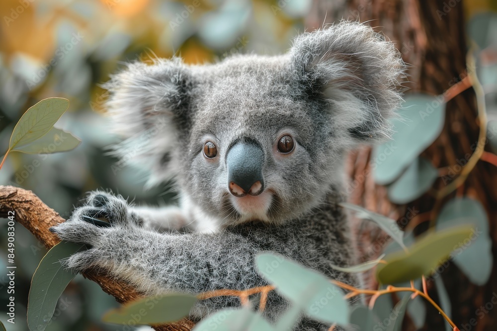Obraz premium Baby Koala: A cute baby koala, clinging to a eucalyptus tree branch, with soft, fluffy gray fur. 