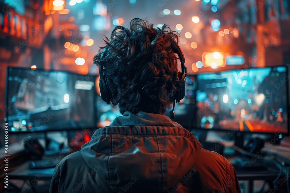 Fototapeta premium Man Playing Video Games on Dual Monitors in Cyberpunk Environment 
