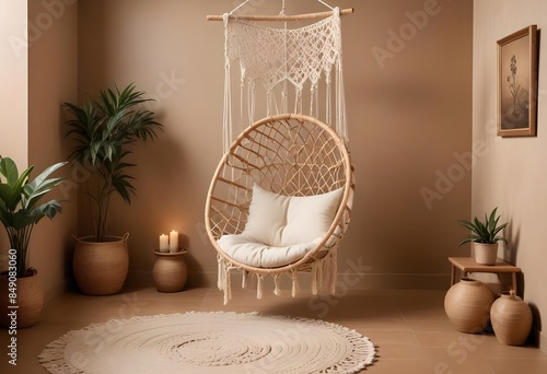 interior design style- reading nook with a hanging rattan chair, cozy floor pouf, and a macrame wall hanging