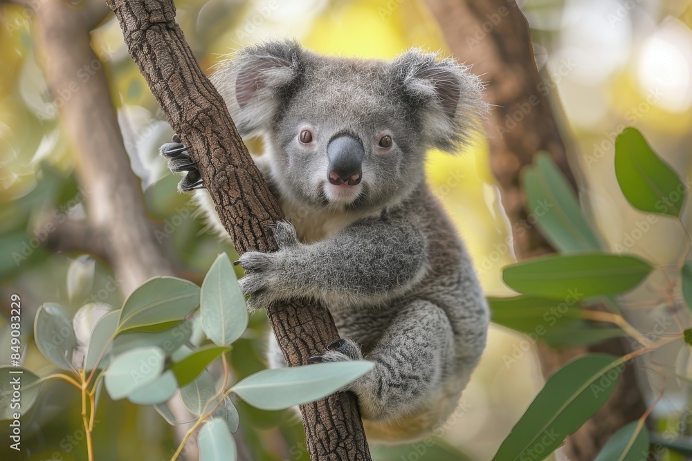 Fototapeta premium Baby Koala: A cute baby koala, clinging to a eucalyptus tree branch, with soft, fluffy gray fur. 