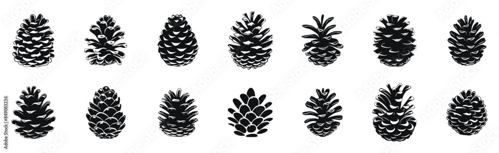 Pine cone collection vector black and white illustration. Various cones in different shapes and sizes silhouette. Pine cone collection vector black and white illustration. Various cones in different shapes and sizes silhouette.