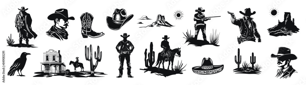 Wild west icons collection vector black and white illustration. Cowboys, cacti, and desert scenes. Wild west icons collection vector black and white illustration. Cowboys, cacti, and desert scenes.