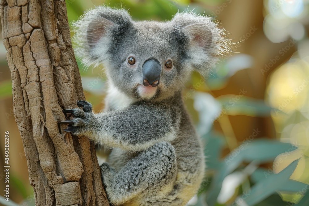 Fototapeta premium Baby Koala: A cute baby koala, clinging to a eucalyptus tree branch, with soft, fluffy gray fur. 