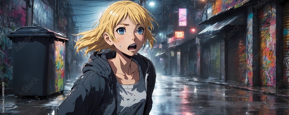 Fototapeta premium blonde manga girl in ghetto with graffiti on walls. Extremely detailed high resolution illustration