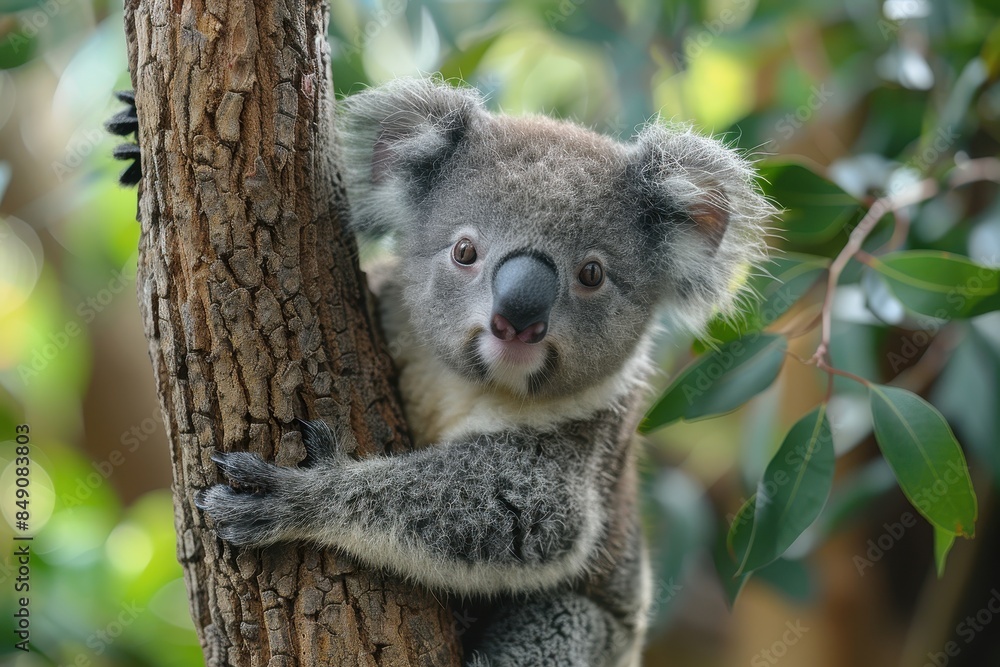 Naklejka premium Baby Koala: A cute baby koala, clinging to a eucalyptus tree branch, with soft, fluffy gray fur.
