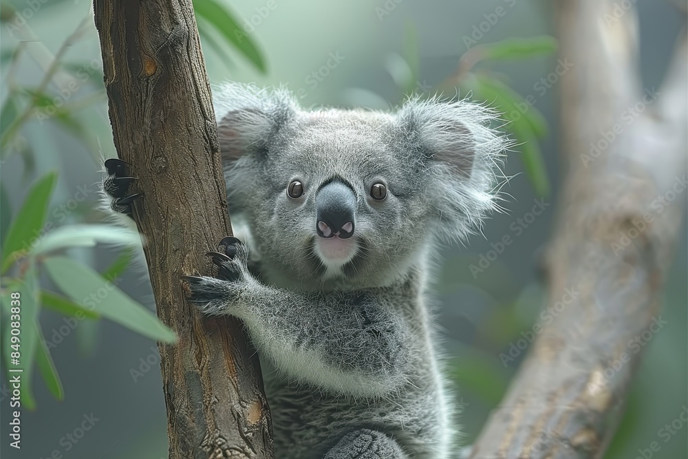 Fototapeta premium Baby Koala: A cute baby koala, clinging to a eucalyptus tree branch, with soft, fluffy gray fur. 