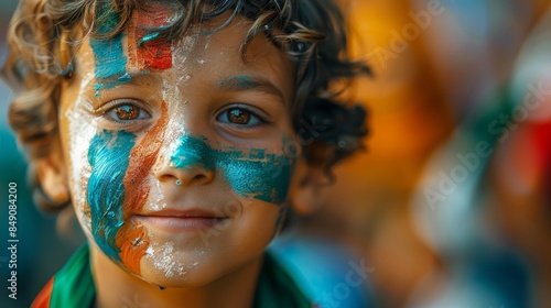Boy with a joyful expression and colorful face paint at a sporting event, representing team pride and youthful exuberance