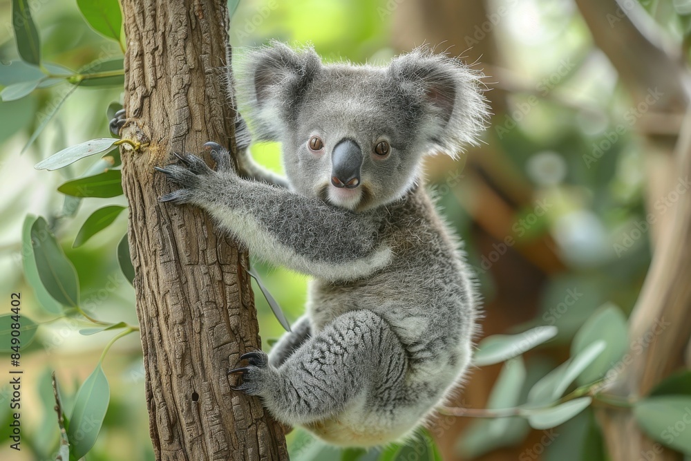 Naklejka premium Baby Koala: A cute baby koala, clinging to a eucalyptus tree branch, with soft, fluffy gray fur.