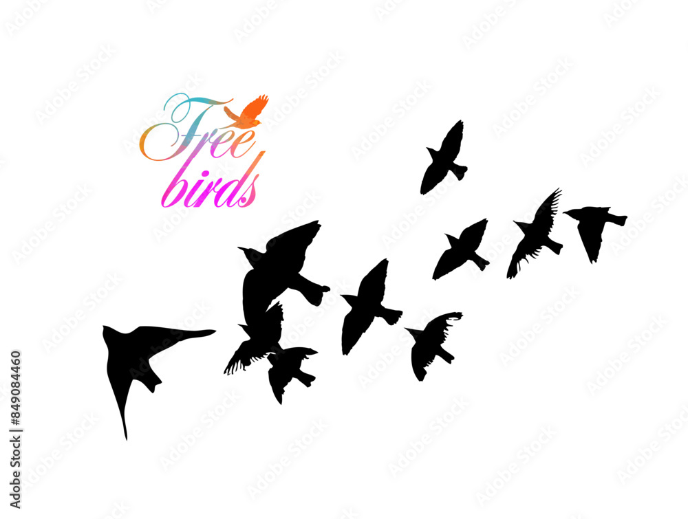 Flying birds silhouette flock. hand drawing. Not AI, Illustrat3. Vector illustration Flying birds silhouette flock. hand drawing. Not AI, Illustrat3. Vector illustration