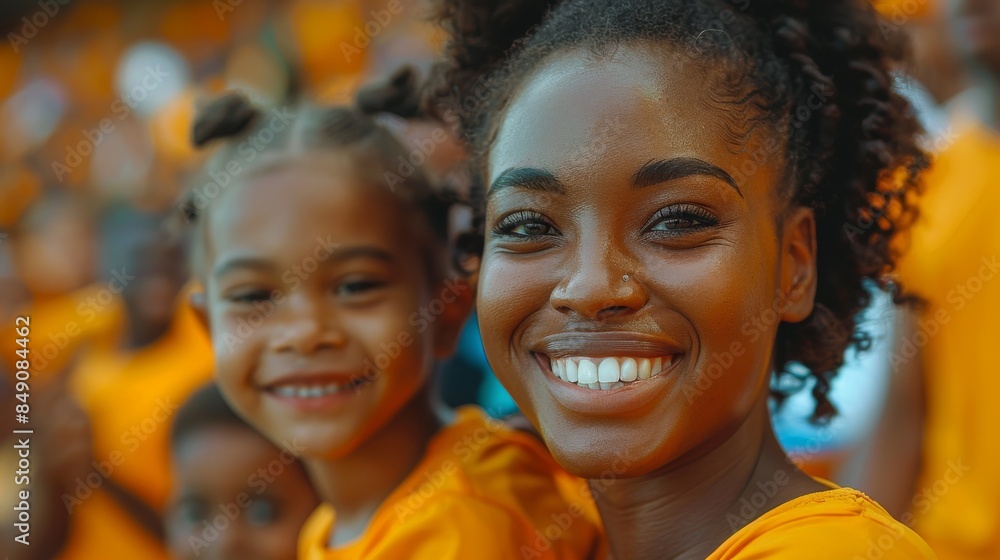 An exuberant young woman and child in matching yellow attire share a cheerful moment, radiating happiness and energy An exuberant young woman and child in matching yellow attire share a cheerful moment, radiating happiness and energy
