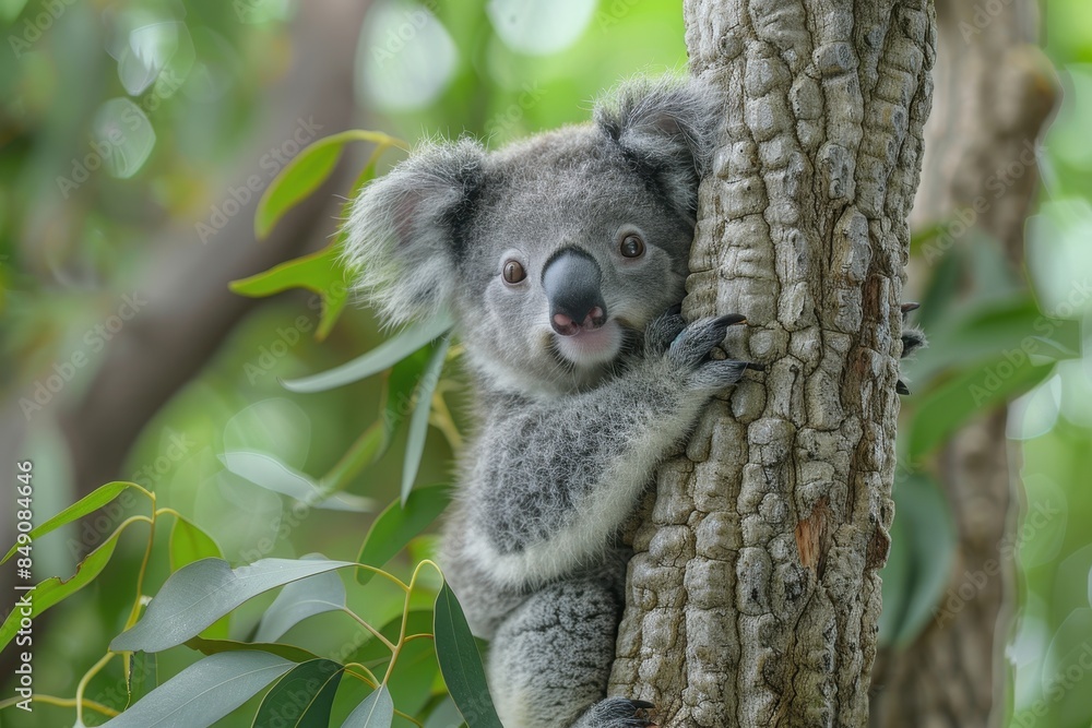 Fototapeta premium Baby Koala: A cute baby koala, clinging to a eucalyptus tree branch, with soft, fluffy gray fur. 