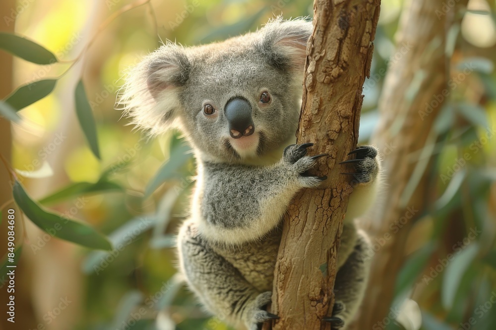 Fototapeta premium Baby Koala: A cute baby koala, clinging to a eucalyptus tree branch, with soft, fluffy gray fur. 