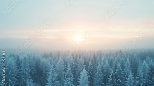 Serene winter forest sunrise aerial view of snowy trees at dawn in misty atmosphere