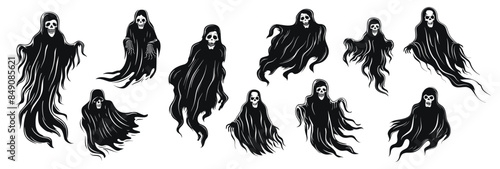 Ghost silhouettes collection vector black and white illustration. Spooky halloween figures with flowing cloaks silhouette. Skeletal figures in robes floating in air.