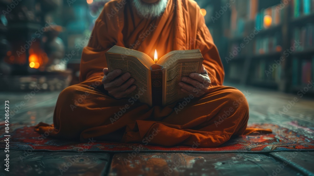 Fototapeta premium The monk opened the book and read from the sacred scriptures.