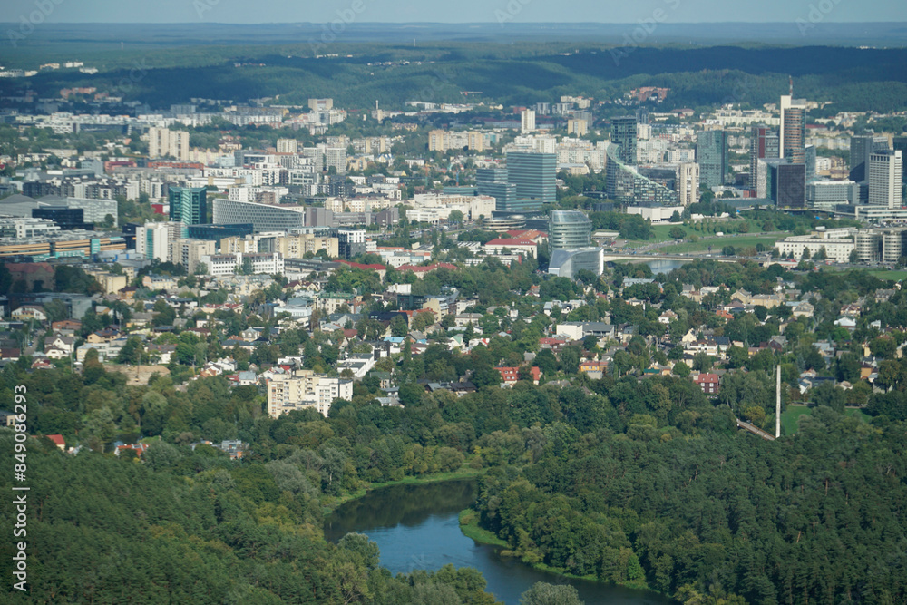 Vilija River and residential buildings in Vilnius, Lithuania