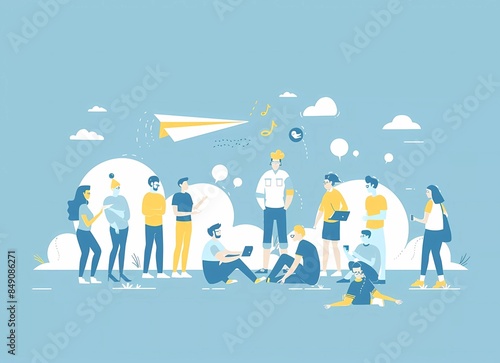 Flat vector illustration of business people talking with clouds above them. The background is light blue.