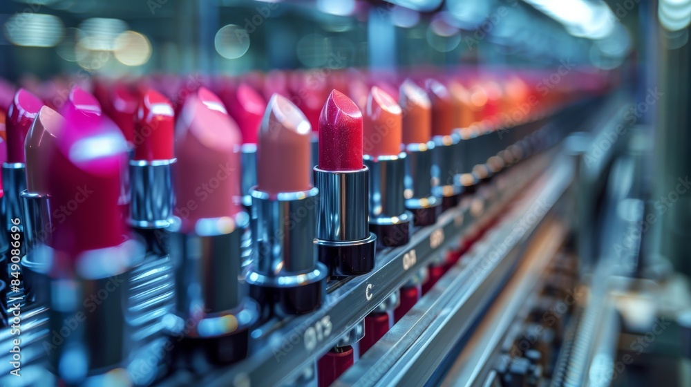 A close-up of a production line featuring an array of red lipsticks, symbolizing beauty and cosmetics industry A close-up of a production line featuring an array of red lipsticks, symbolizing beauty and cosmetics industry