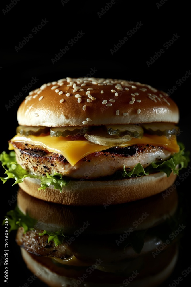 Sophisticated chicken burger with egg on a dark background Sophisticated chicken burger with egg on a dark background