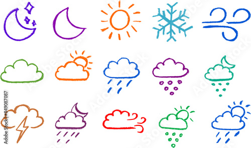Weather Related Icons Chalk Crayon Drawing