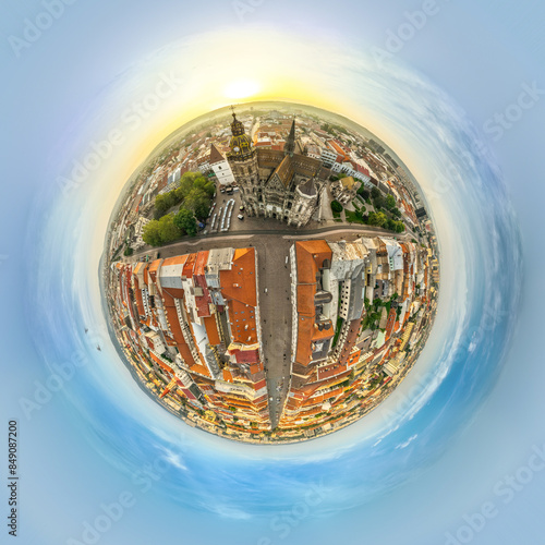 Planet Kosice, Main street  with St. Elisabeth Cathedral (Dom svatej Alzbety) during sunrise above an old town, historic Kosice, 360 photo in  Slovakia during golden sunrise or sunset, Slovakia