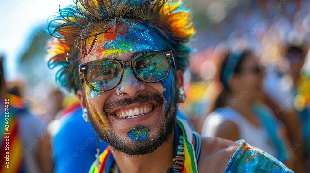 A person at a festival wearing a colorful costume with vibrant feathers and fabric A person at a festival wearing a colorful costume with vibrant feathers and fabric