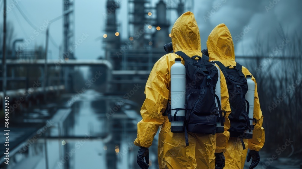 Rescuers in a chemical suit wearing chemical gloves and chemical plant industry Rescuers in a chemical suit wearing chemical gloves and chemical plant industry