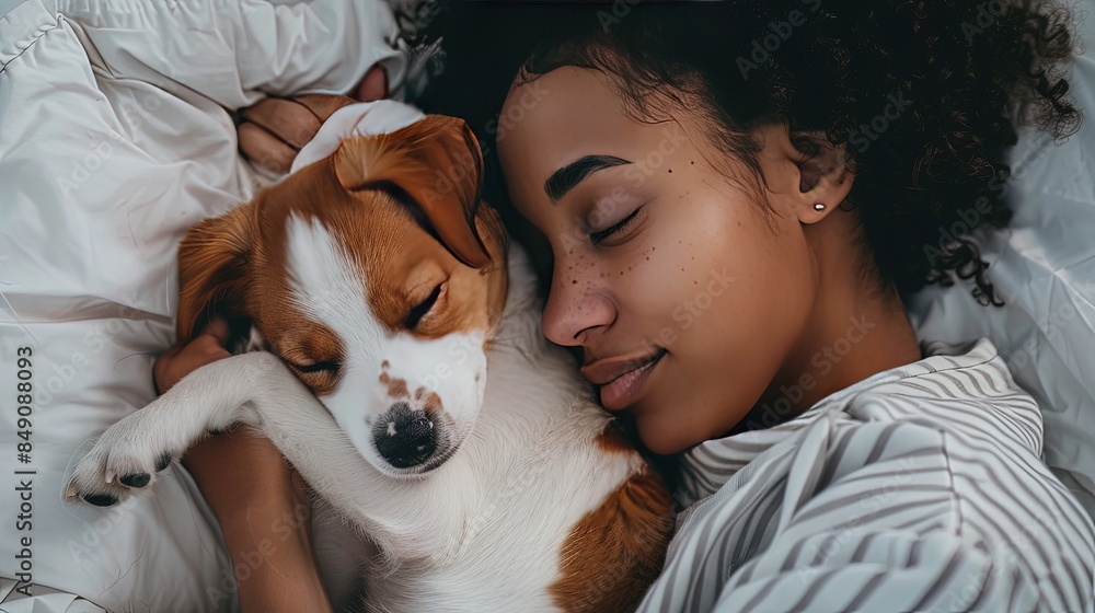 Emotional support. Portrait of a sleeping black woman with a Russell Terrier puppy in her arms. Peaceful dreams with pup. Emotional support. Portrait of a sleeping black woman with a Russell Terrier puppy in her arms. Peaceful dreams with pup.
