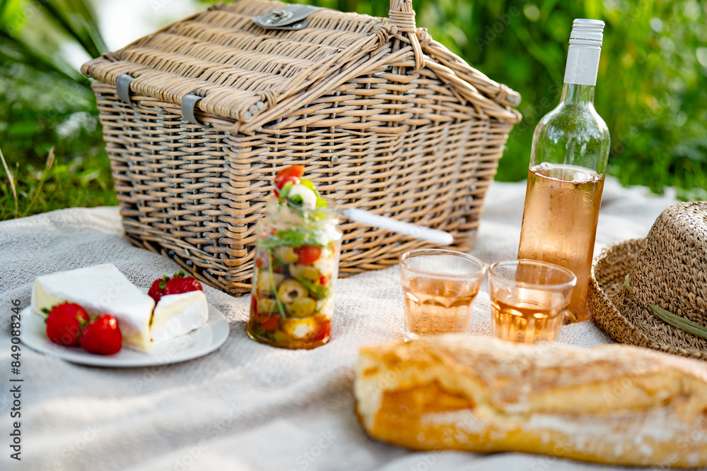 Summer picnic on blanket with delicious food and a bottle of rosé wine. Close-up. Summer picnic on blanket with delicious food and a bottle of rosé wine. Close-up.