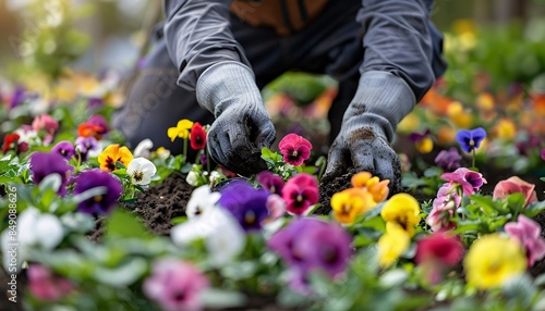 Gardener Planting Vibrant Flowers in a Flowerbed