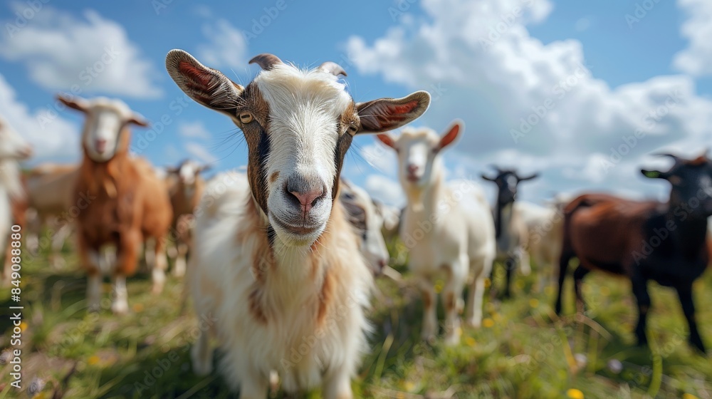 Fototapeta premium A goat standing tall among its herd in a lush, green field with a bright blue sky above