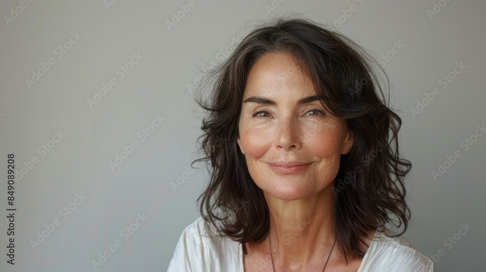 portrait of a beautiful Caucasian mature woman 50 years old looking at the camera, studio shooting white background.copyspace portrait of a beautiful Caucasian mature woman 50 years old looking at the camera, studio shooting white background.copyspace