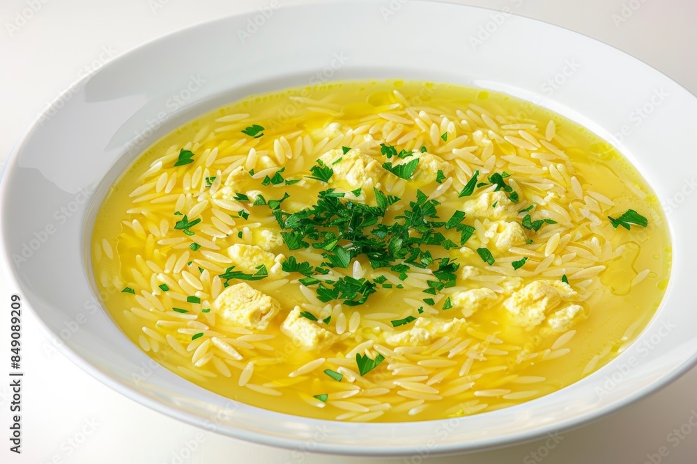 Beautiful Greek Avgolemono Soup in White Bowl with Orzo Beautiful Greek Avgolemono Soup in White Bowl with Orzo