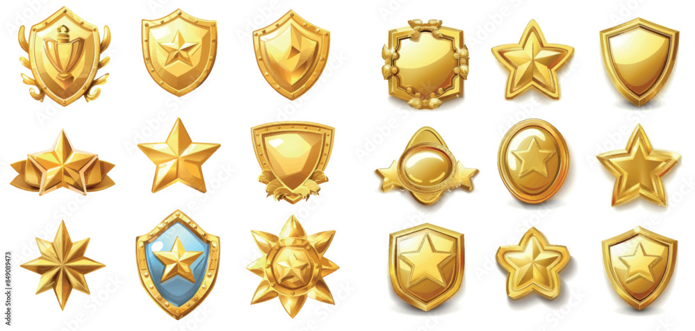 The gold badges cartoon modern set is composed of medals emblems and authentic premium trophies that guarantee win quality labels, illustration isolated on a white background.. The gold badges cartoon modern set is composed of medals emblems and authentic premium trophies that guarantee win quality labels, illustration isolated on a white background..