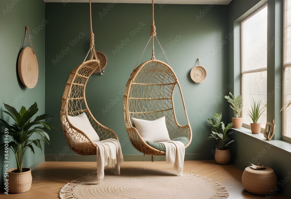 interior design style- reading nook with a hanging rattan chair, cozy floor pouf, and a macrame wall hanging interior design style- reading nook with a hanging rattan chair, cozy floor pouf, and a macrame wall hanging