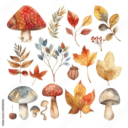 Watercolor Autumn Leaves and Mushrooms. Nature Inspired Botanical Illustration