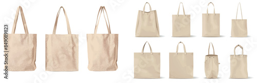 Fashion eco-recycling cloth handbag mockup for shopper buying in grocery store, cotton ecobag today's modern illustration for canvas tote bag.