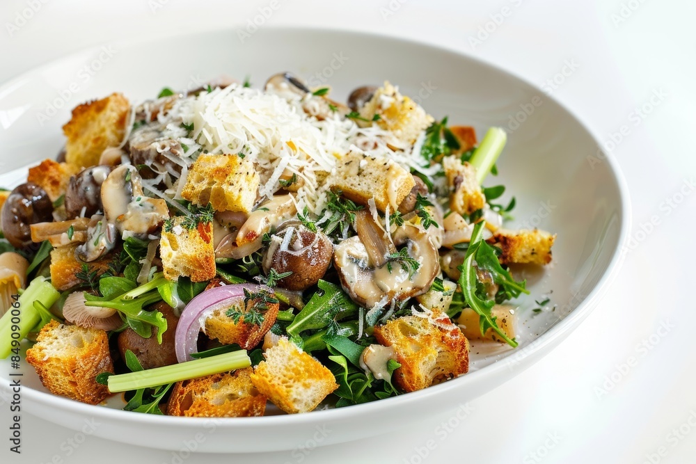 Tangy Mushroom and Garlic Panzanella: A tangy dressing with sautéed mushrooms and garlic in a colorful salad Tangy Mushroom and Garlic Panzanella: A tangy dressing with sautéed mushrooms and garlic in a colorful salad