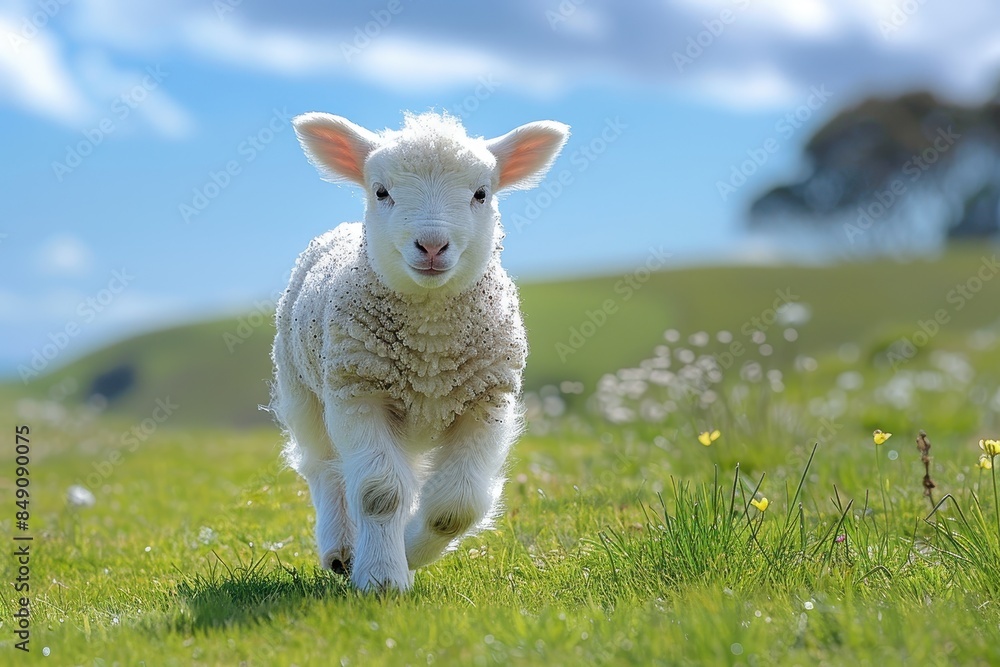 Baby Lamb: A fluffy white lamb, frolicking in a green pasture under a bright blue sky. Baby Lamb: A fluffy white lamb, frolicking in a green pasture under a bright blue sky.